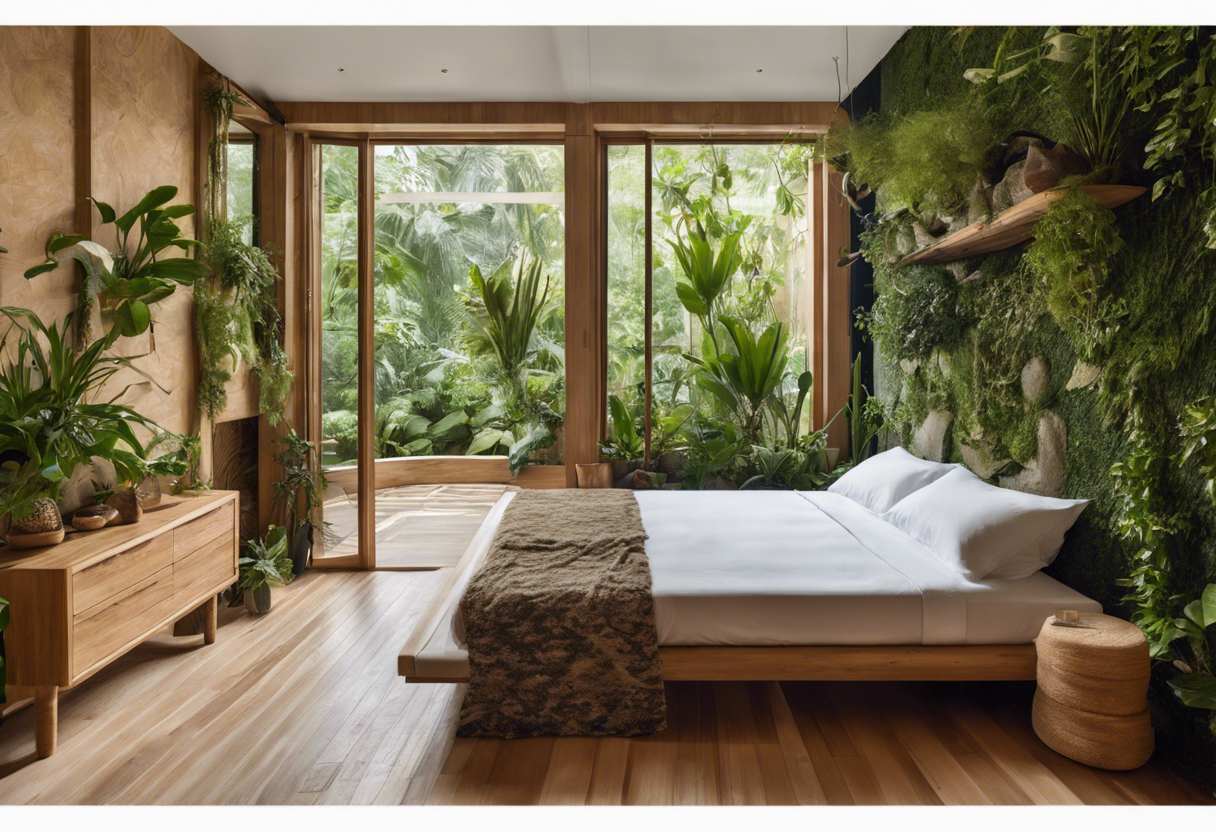 Modern biophilic bedroom with greenery and natural light